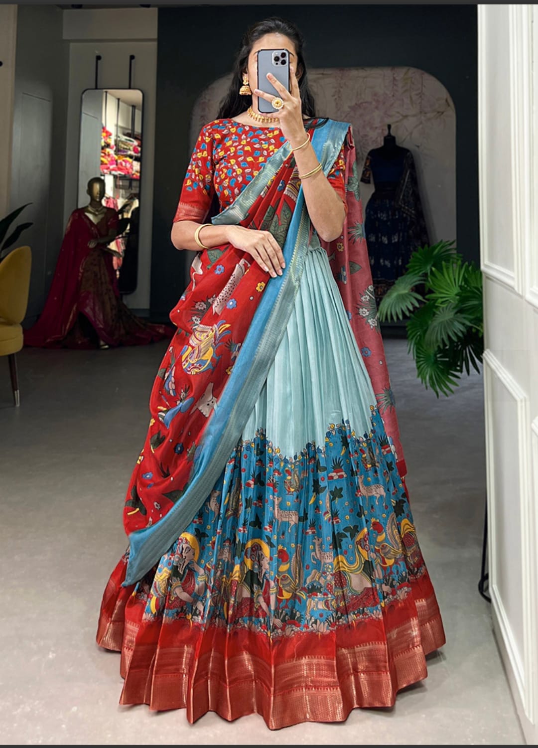 Dhola Silk lehenga choli kalamkari print with weaving border
