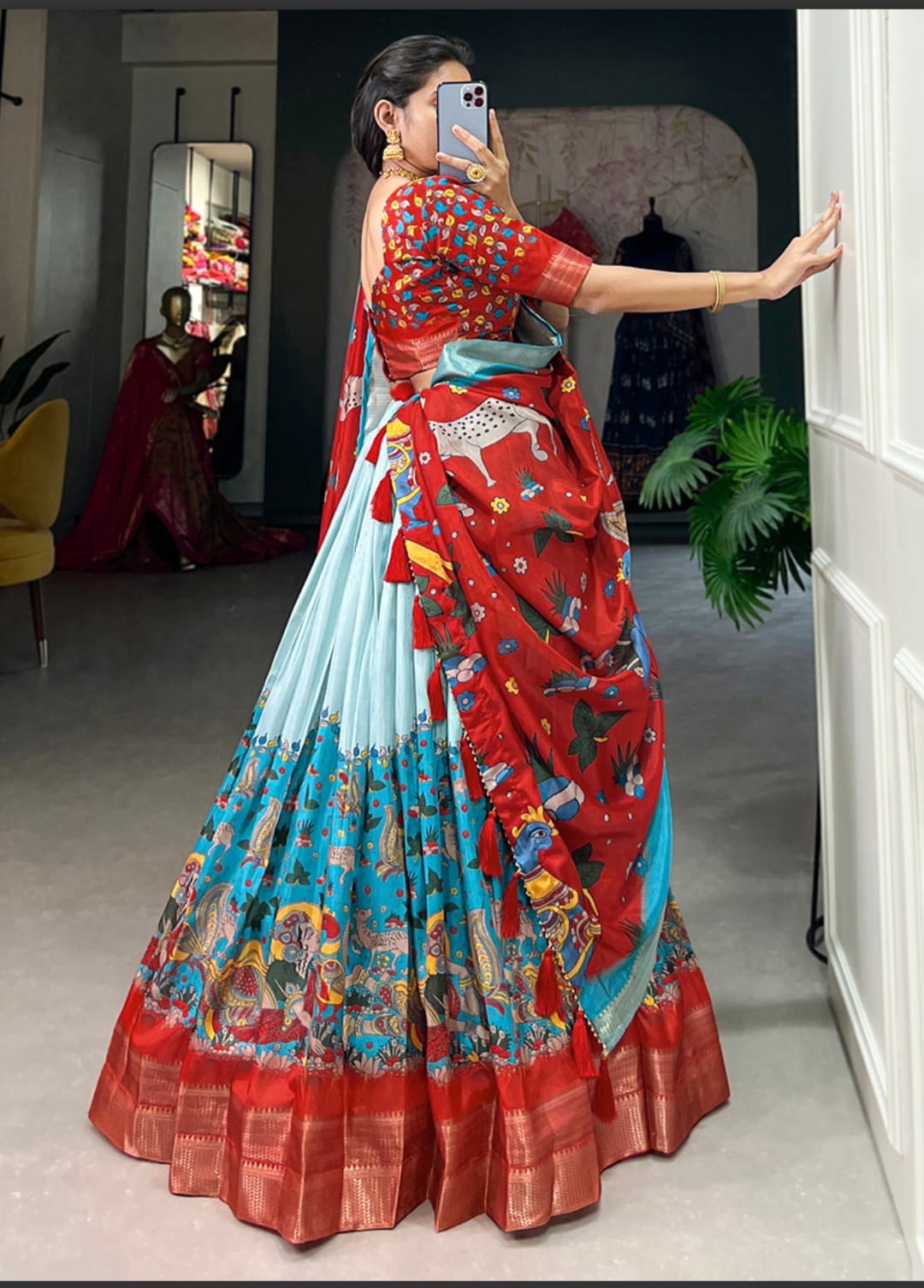 Dhola Silk lehenga choli kalamkari print with weaving border