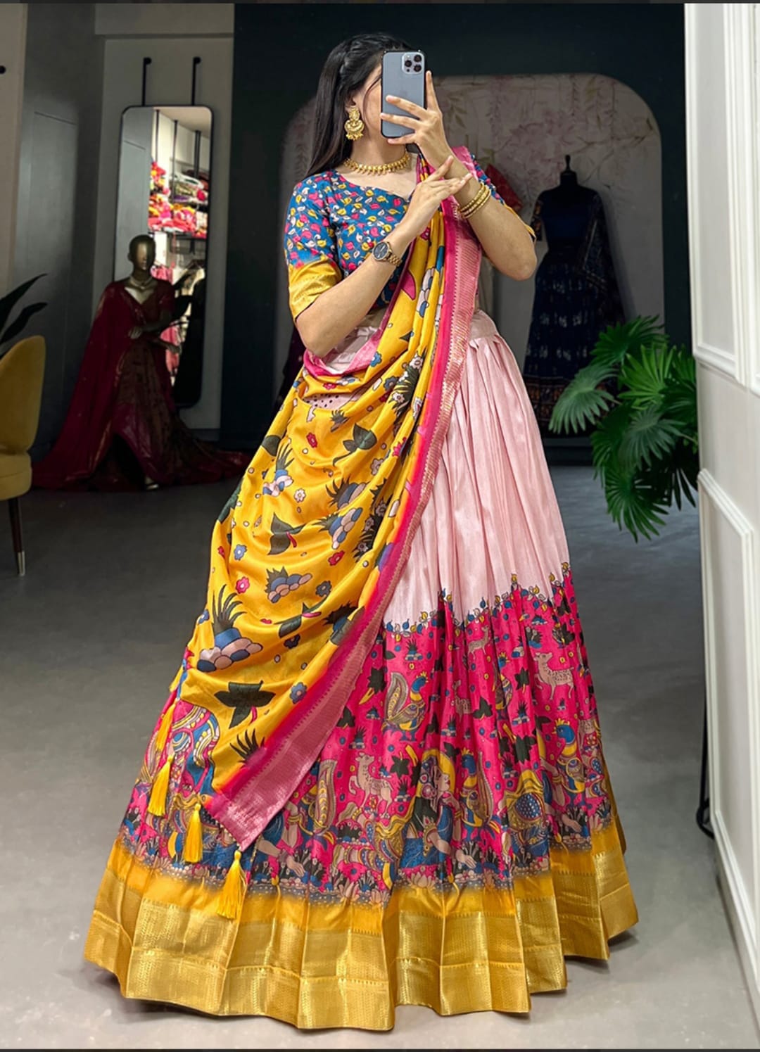 Dhola Silk lehenga choli kalamkari print with weaving border