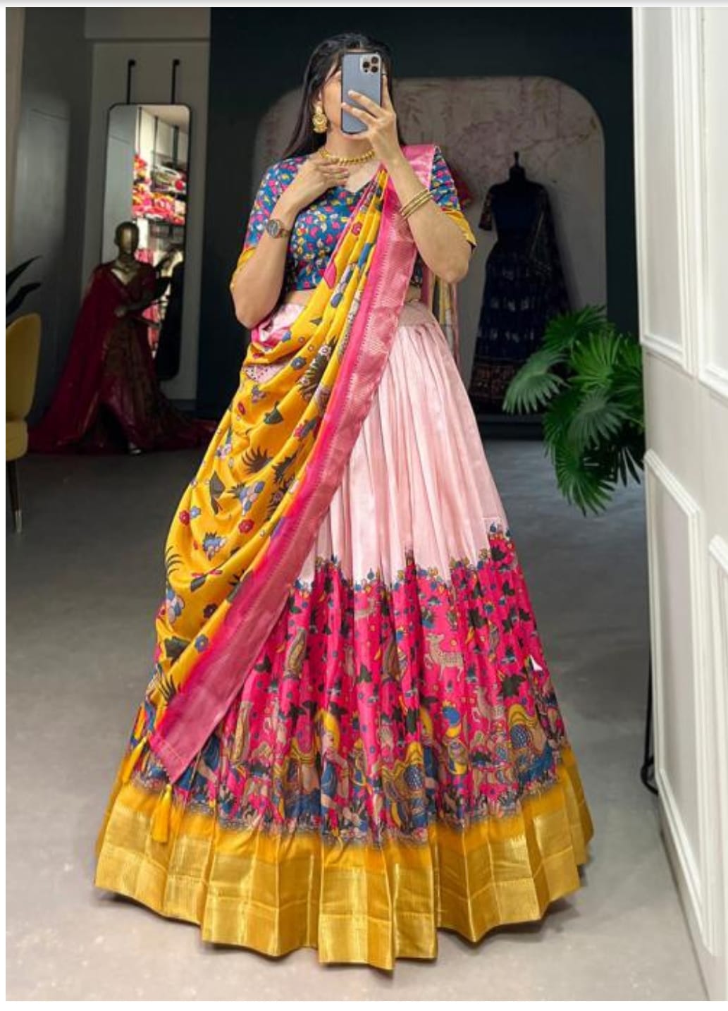 Dhola Silk lehenga choli kalamkari print with weaving border