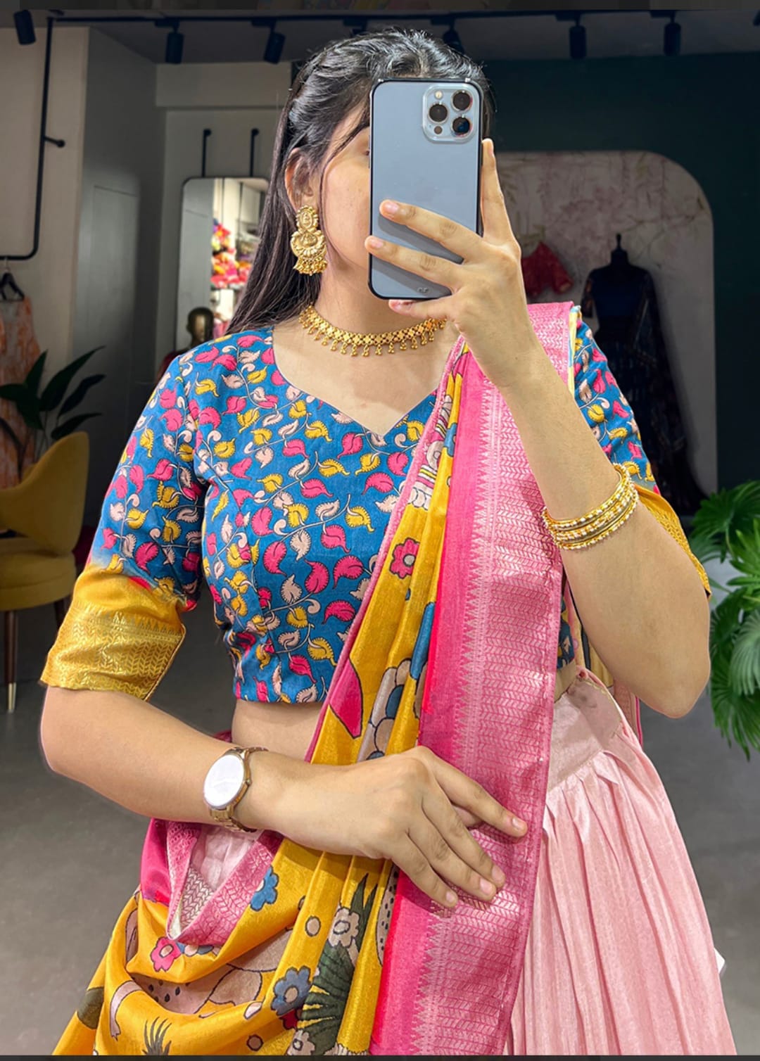 Dhola Silk lehenga choli kalamkari print with weaving border