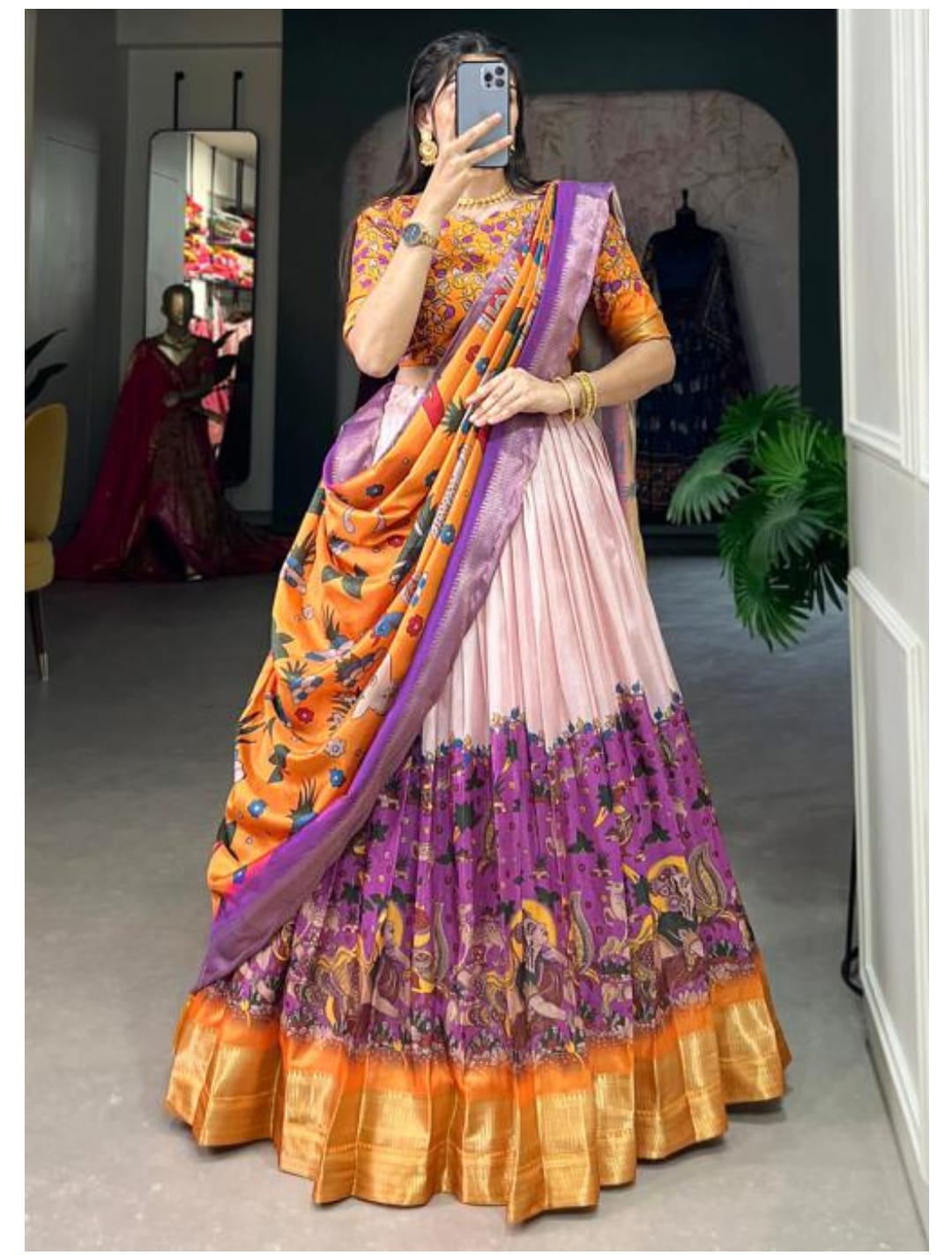 Dhola Silk lehenga choli kalamkari print with weaving border