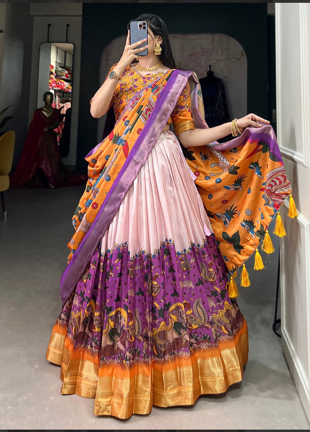 Dhola Silk lehenga choli kalamkari print with weaving border