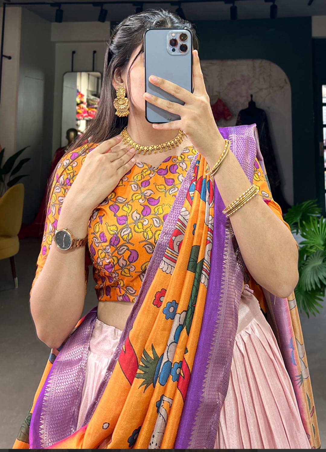 Dhola Silk lehenga choli kalamkari print with weaving border