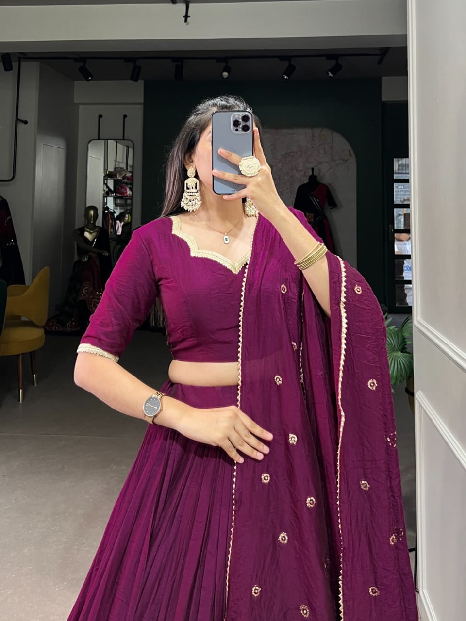 Pure Chanderi Plain Lehenga with Intricate Zari Work Border