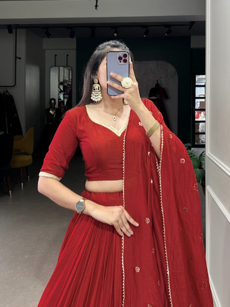 Pure Chanderi Plain Lehenga with Intricate Zari Work Border