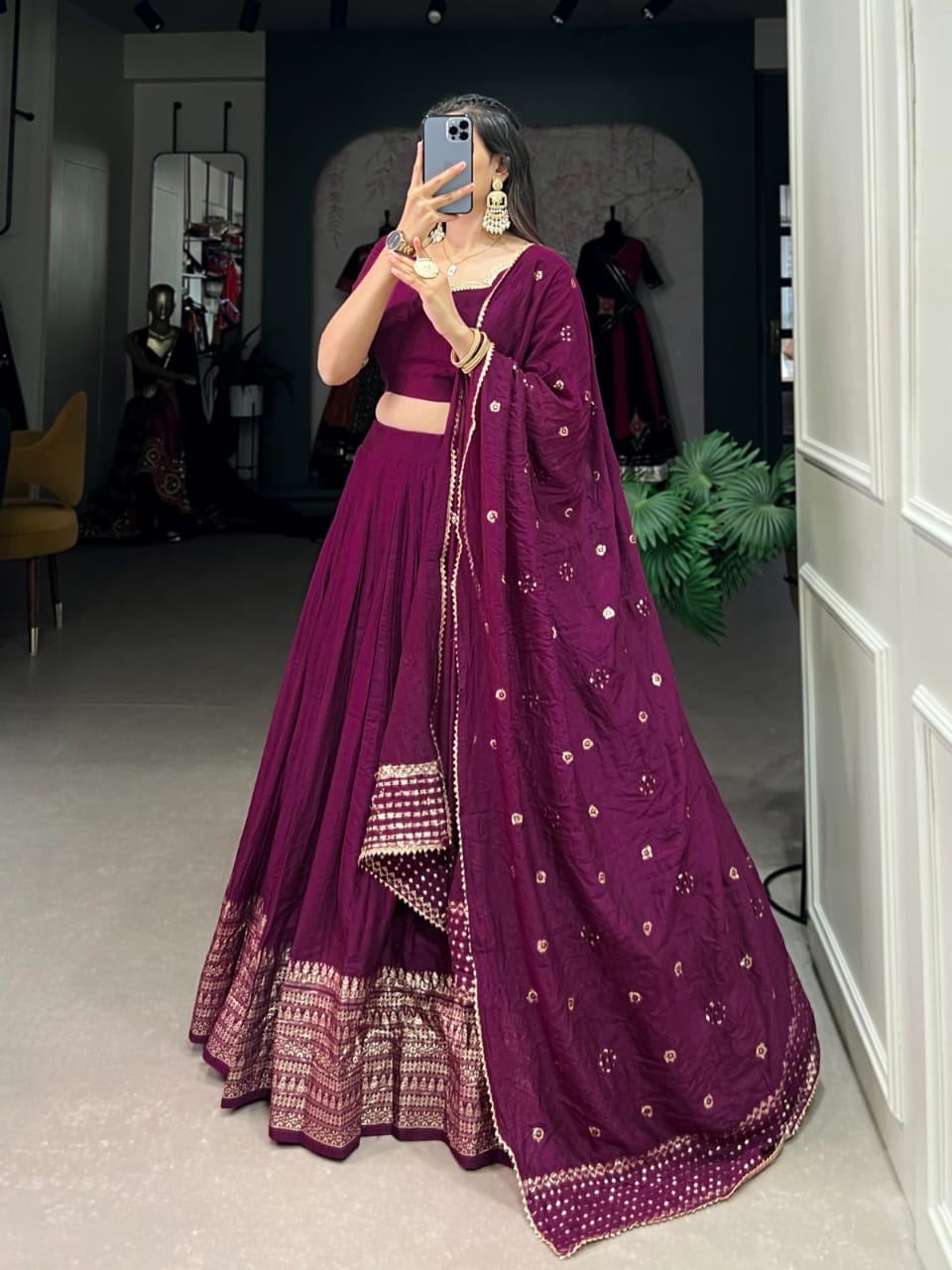 Pure Chanderi Plain Lehenga with Intricate Zari Work Border