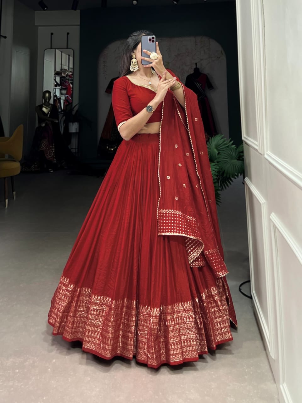 Pure Chanderi Plain Lehenga with Intricate Zari Work Border