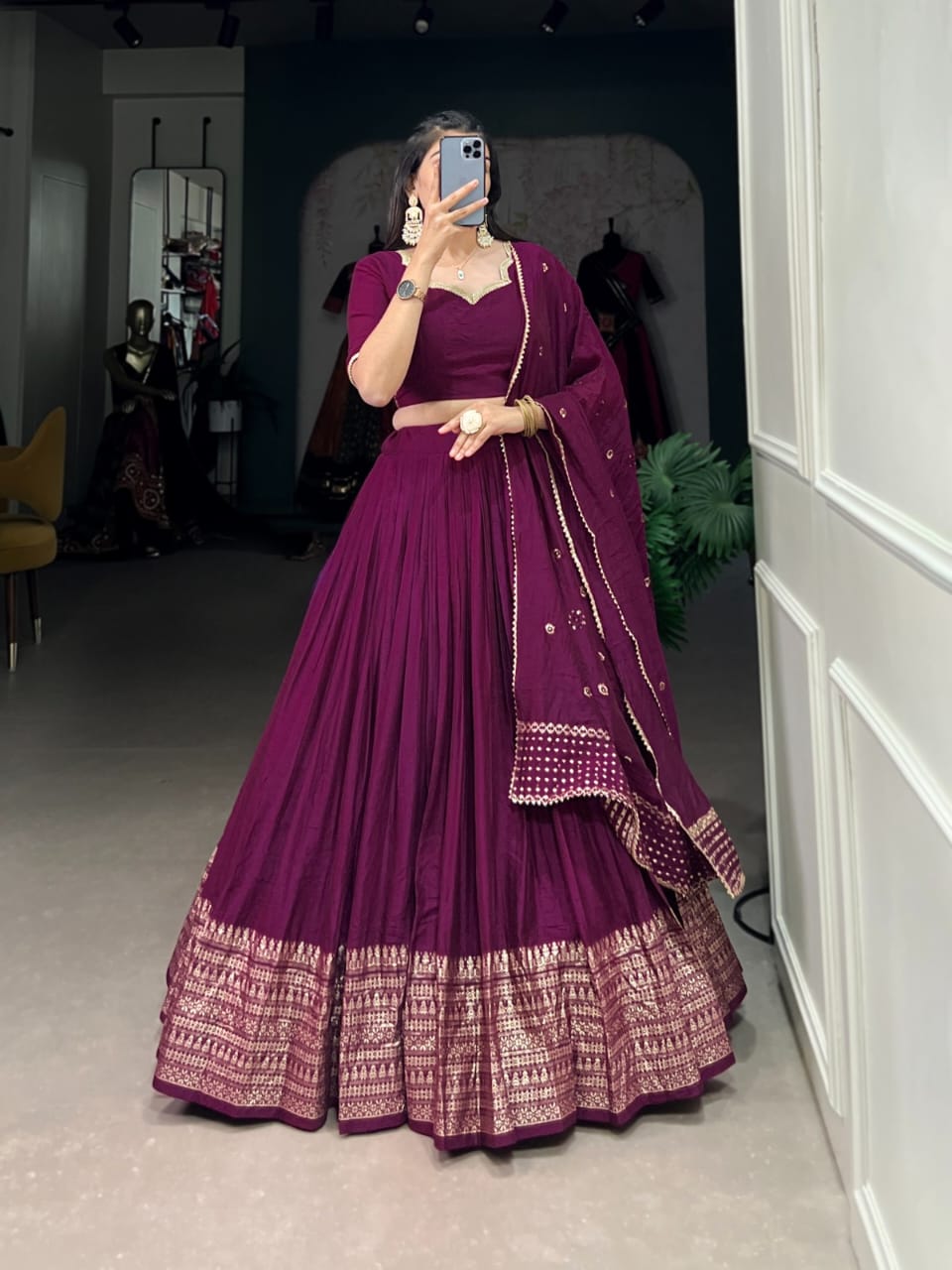 Pure Chanderi Plain Lehenga with Intricate Zari Work Border