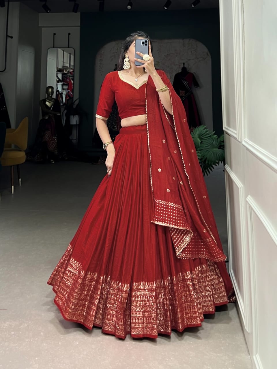 Pure Chanderi Plain Lehenga with Intricate Zari Work Border