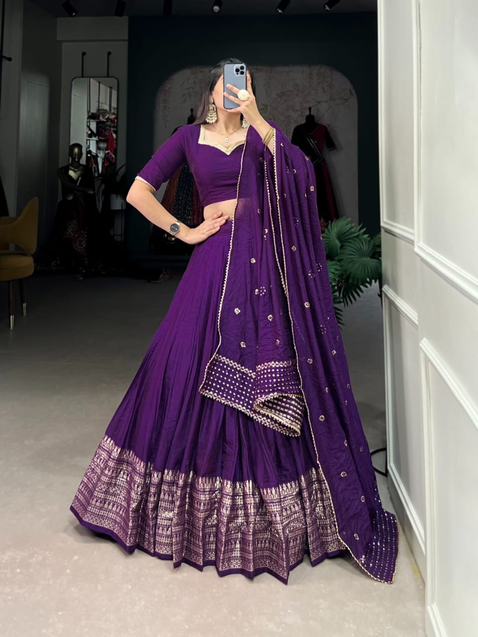 Pure Chanderi Plain Lehenga with Intricate Zari Work Border
