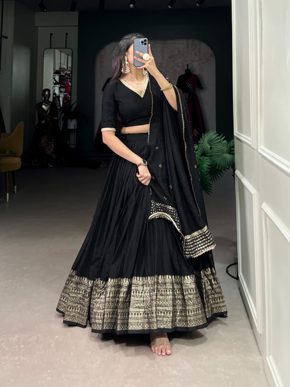 Pure Chanderi Plain Lehenga with Intricate Zari Work Border