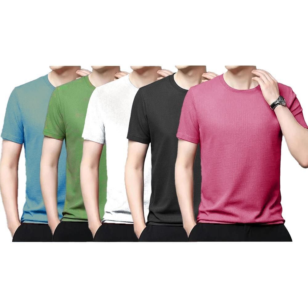 Polyester Stretchable Solid Half Sleeves Mens Round Neck T-Shirt Pack Of 5